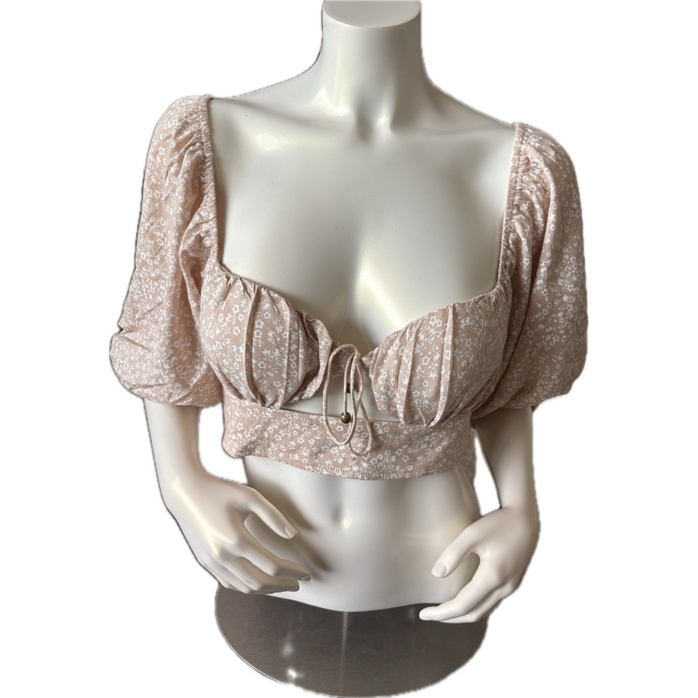 NWT Petal & Pup Floral Crop Top Puff Sleeve Tie Front Beige Women's Size L - Picture 1 of 13